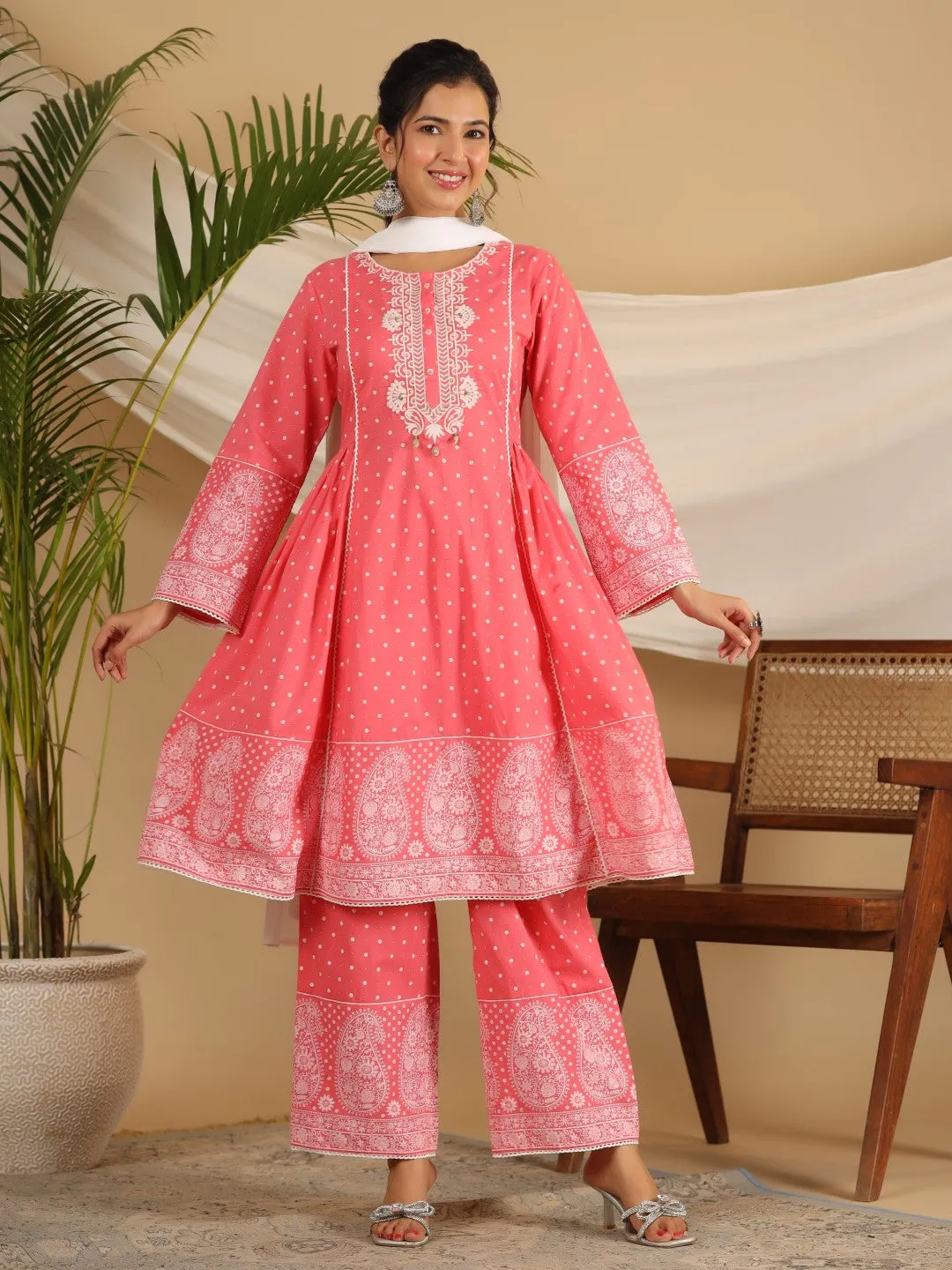 Jashvi Pure Cotton Coral Ethnic Motif Printed Kurta With Palazzo Set With Thread Embroidery