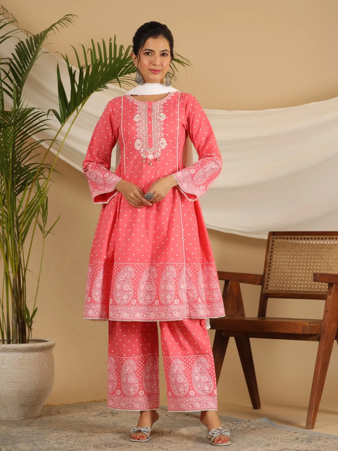 Jashvi Pure Cotton Coral Ethnic Motif Printed Kurta With Palazzo Set With Thread Embroidery