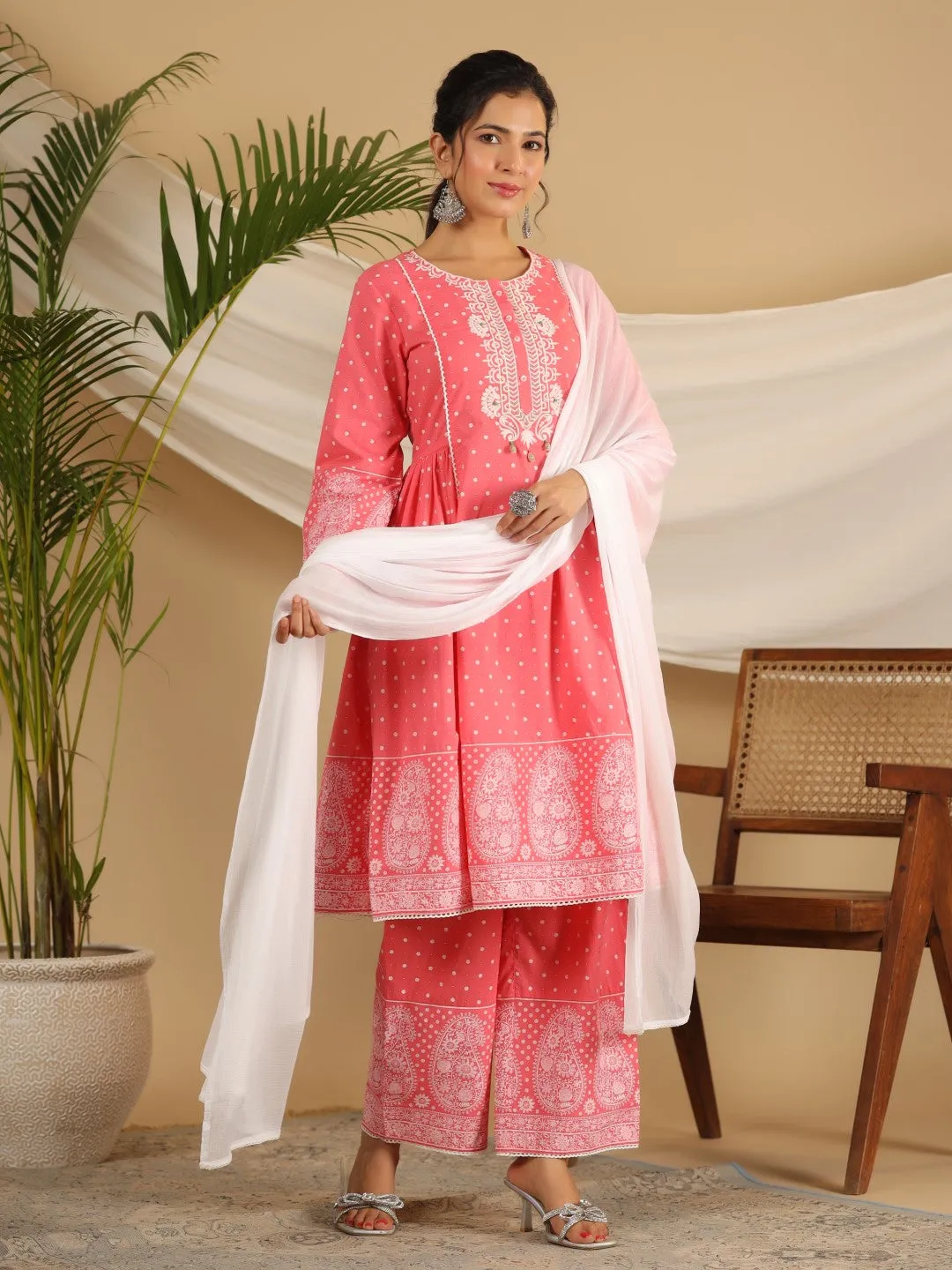 Jashvi Pure Cotton Coral Ethnic Motif Printed Kurta With Palazzo Set With Thread Embroidery