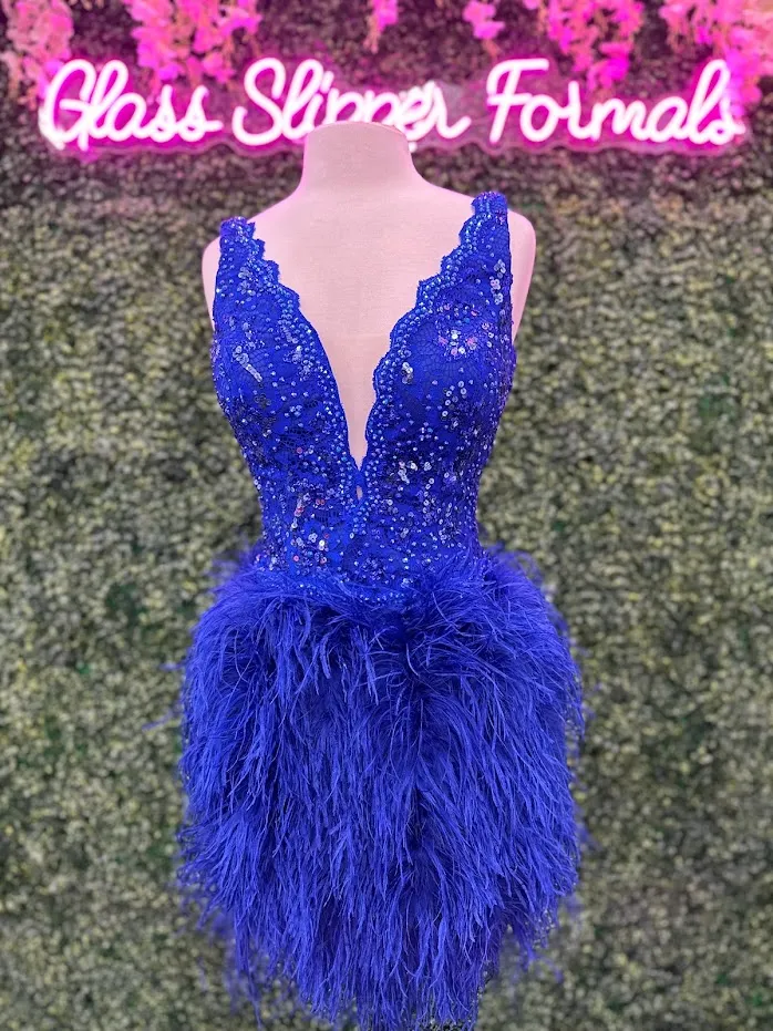 Johnathan Kayne 2314 size 10 Royal  Cocktail Dress Lace V Neckline Full Feather Short Skirt