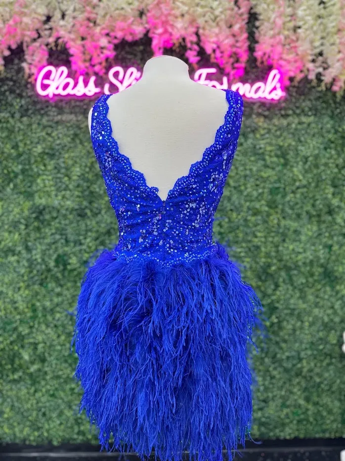 Johnathan Kayne 2314 size 10 Royal  Cocktail Dress Lace V Neckline Full Feather Short Skirt