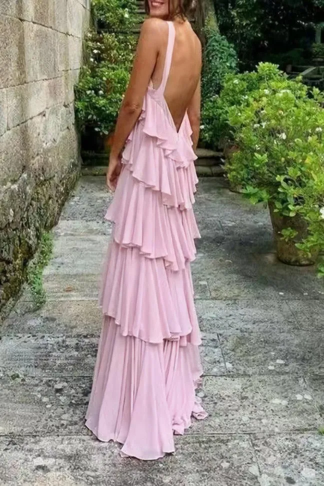 kamahe Pink Prom Dress,A Line StrapsProm Dress, Tiered Chiffon Floor Length Long Formal Evening Dresses