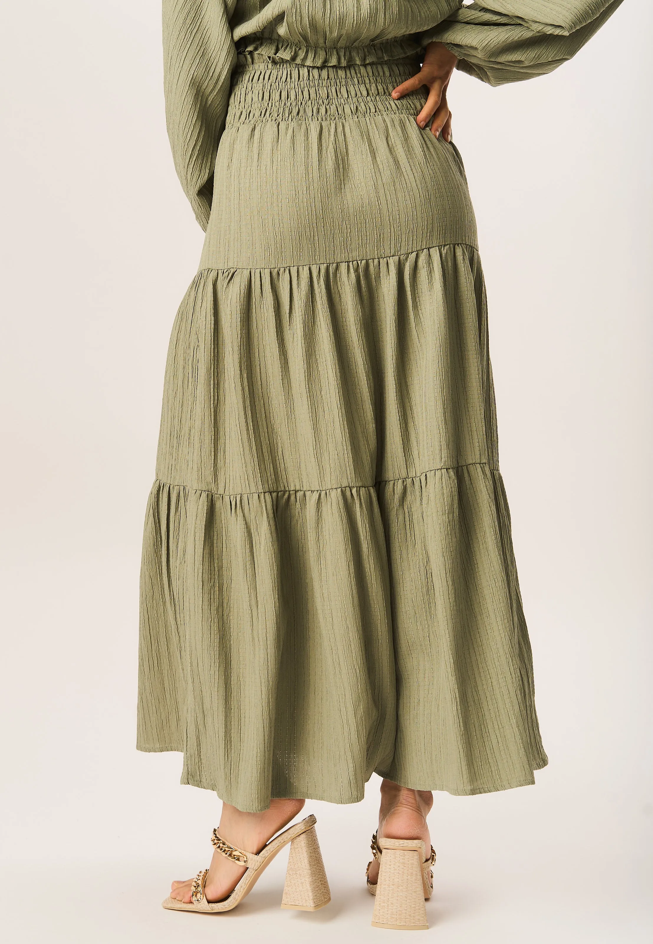 Khaki Smocked Tiered Maxi Skirt