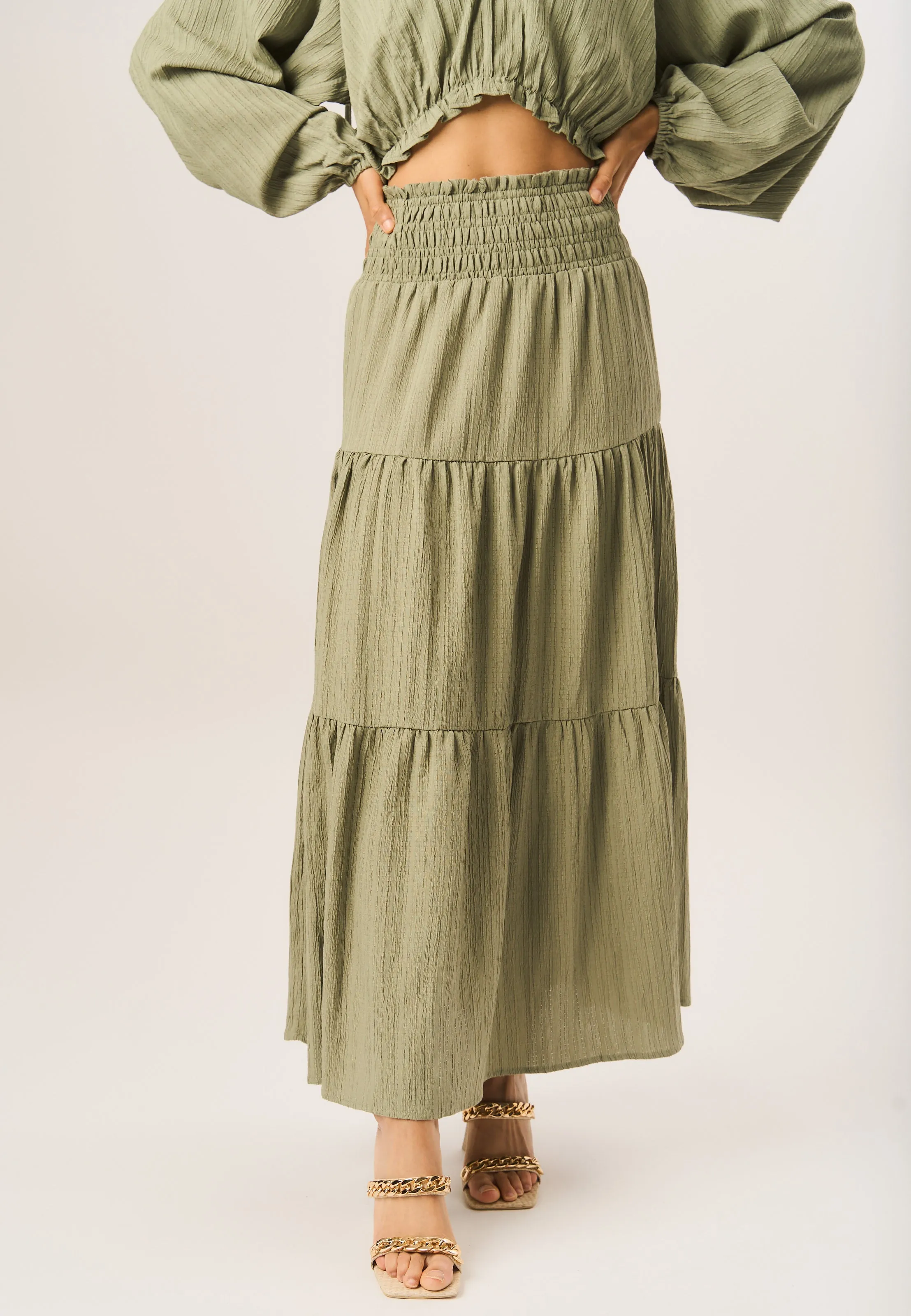 Khaki Smocked Tiered Maxi Skirt