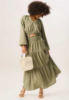 Khaki Smocked Tiered Maxi Skirt