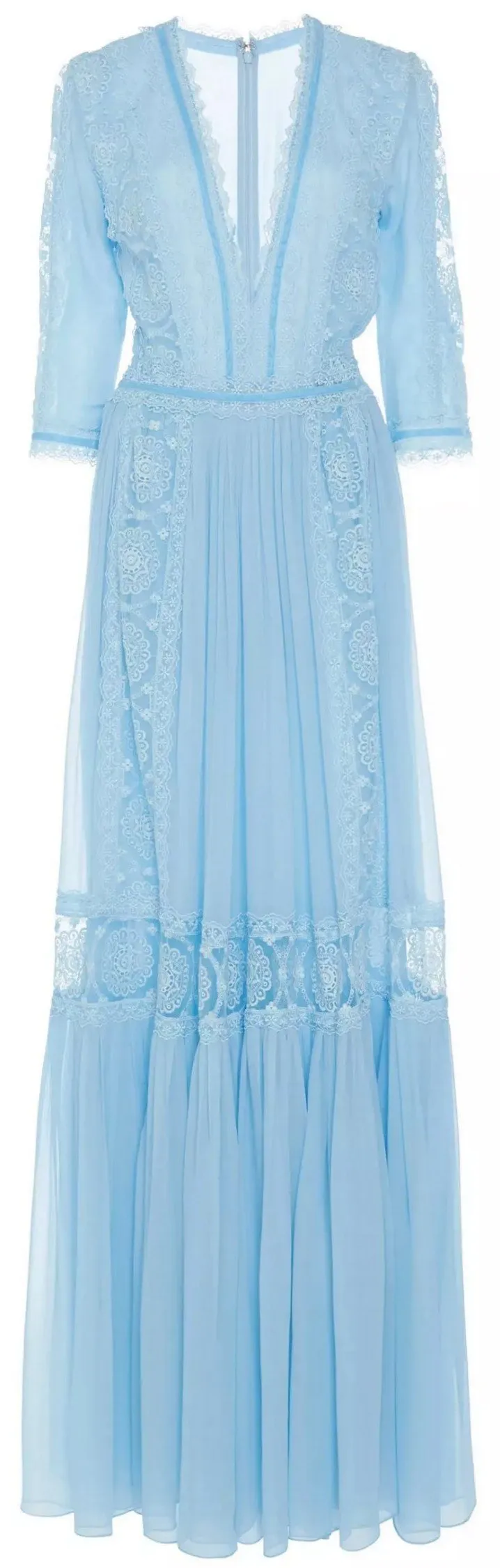 Lace-Trimmed Embroidered Chiffon Maxi Dress