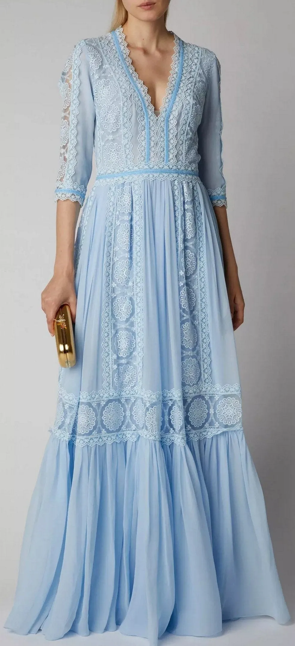 Lace-Trimmed Embroidered Chiffon Maxi Dress