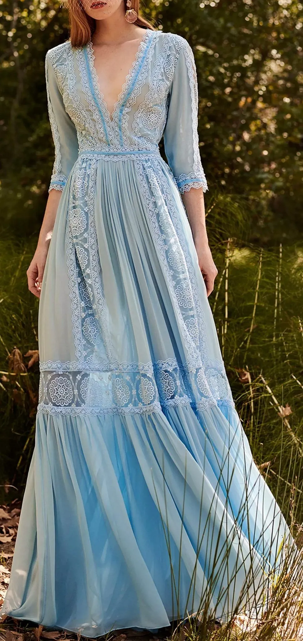 Lace-Trimmed Embroidered Chiffon Maxi Dress