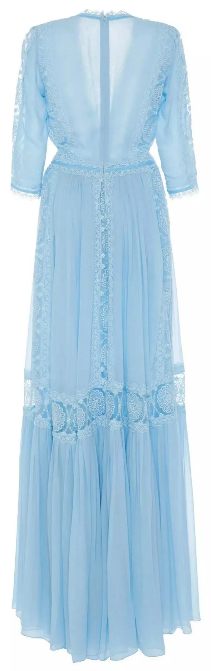 Lace-Trimmed Embroidered Chiffon Maxi Dress