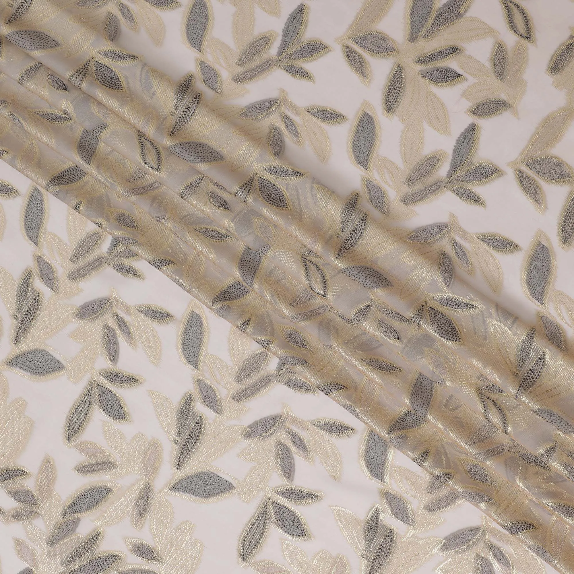 Latte beige Premium pure silk chiffon fabric with black viscose and gold metallic lurex in Leaf Design-D16549