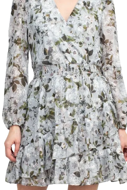 Laundry V-Neck Elastic Cuff Long Sleeve Elastic Waist Tiered Hem Floral Print Chiffon Dress