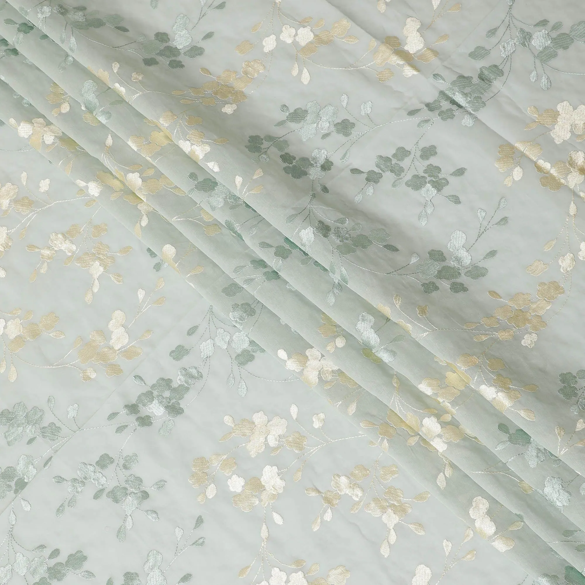 Laurel green premium pure cotton voile fabric with same tone and beige embroidery in floral design-D13630