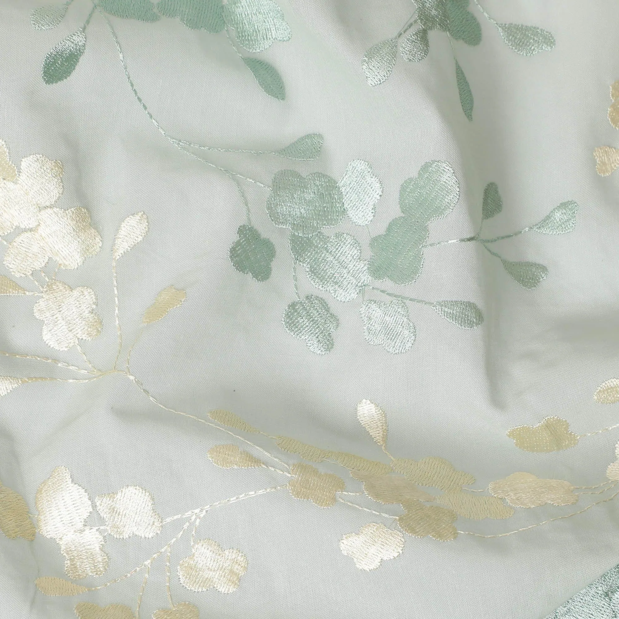 Laurel green premium pure cotton voile fabric with same tone and beige embroidery in floral design-D13630