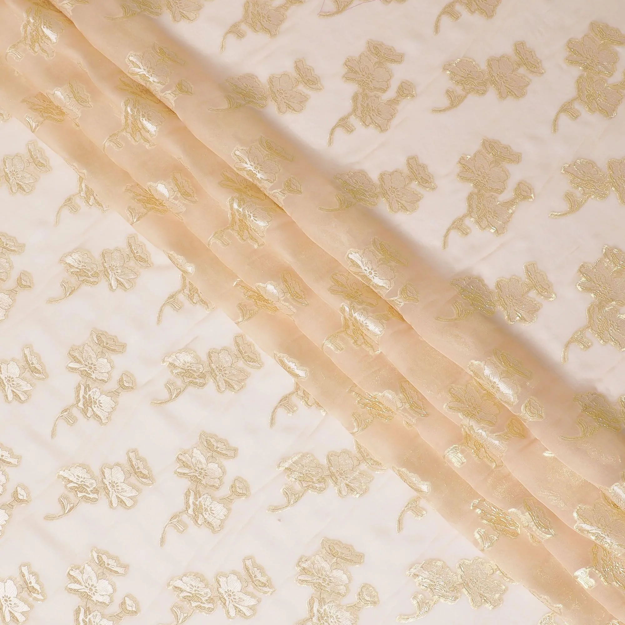 Light peach premium pure silk chiffon fabric with same tone viscose and gold metallic lurex in floral design-D13134