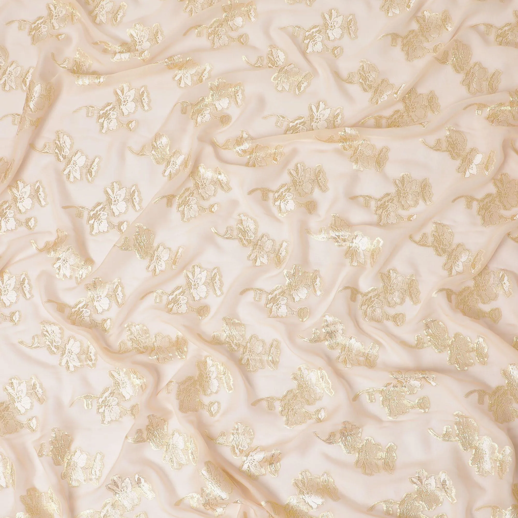 Light peach premium pure silk chiffon fabric with same tone viscose and gold metallic lurex in floral design-D13134