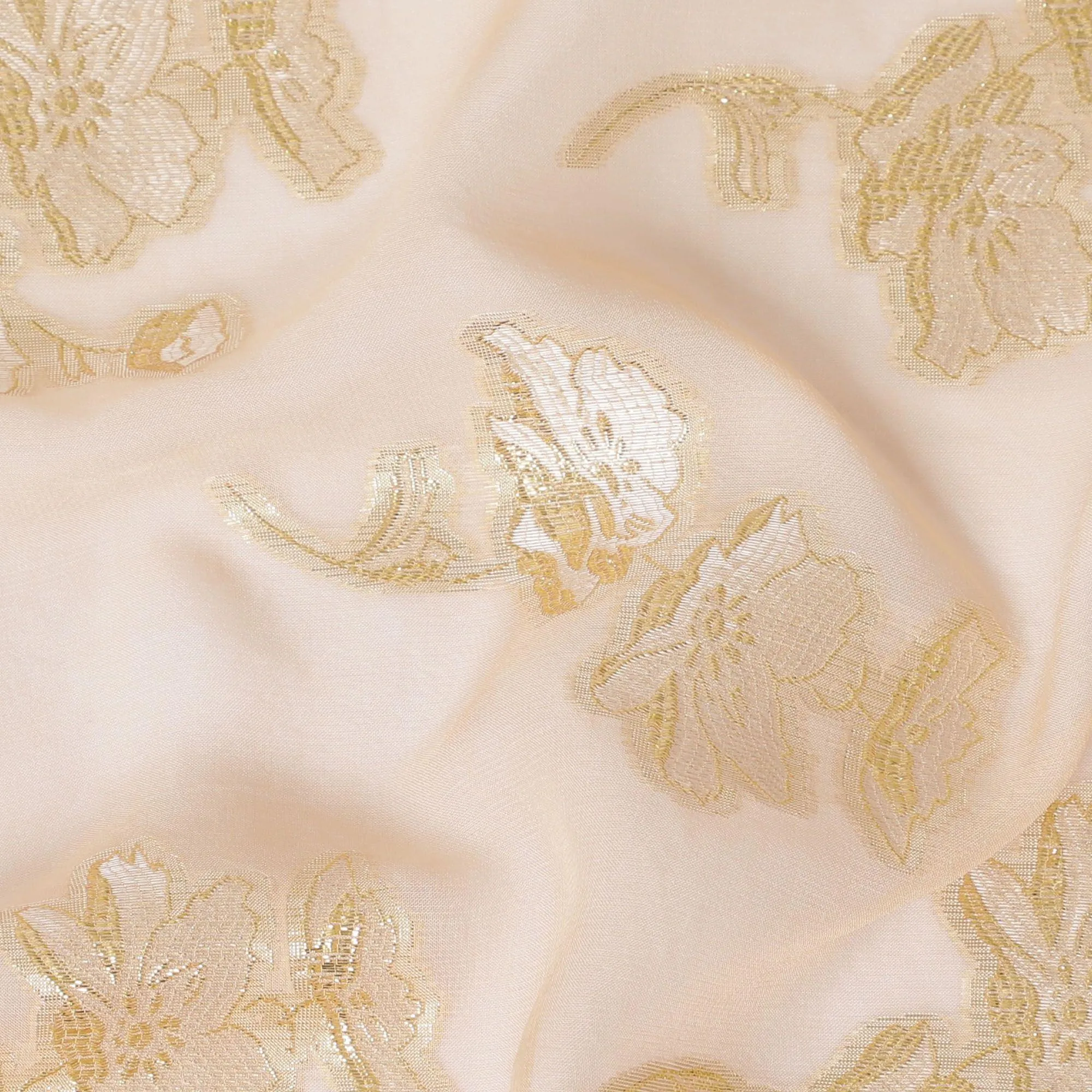 Light peach premium pure silk chiffon fabric with same tone viscose and gold metallic lurex in floral design-D13134