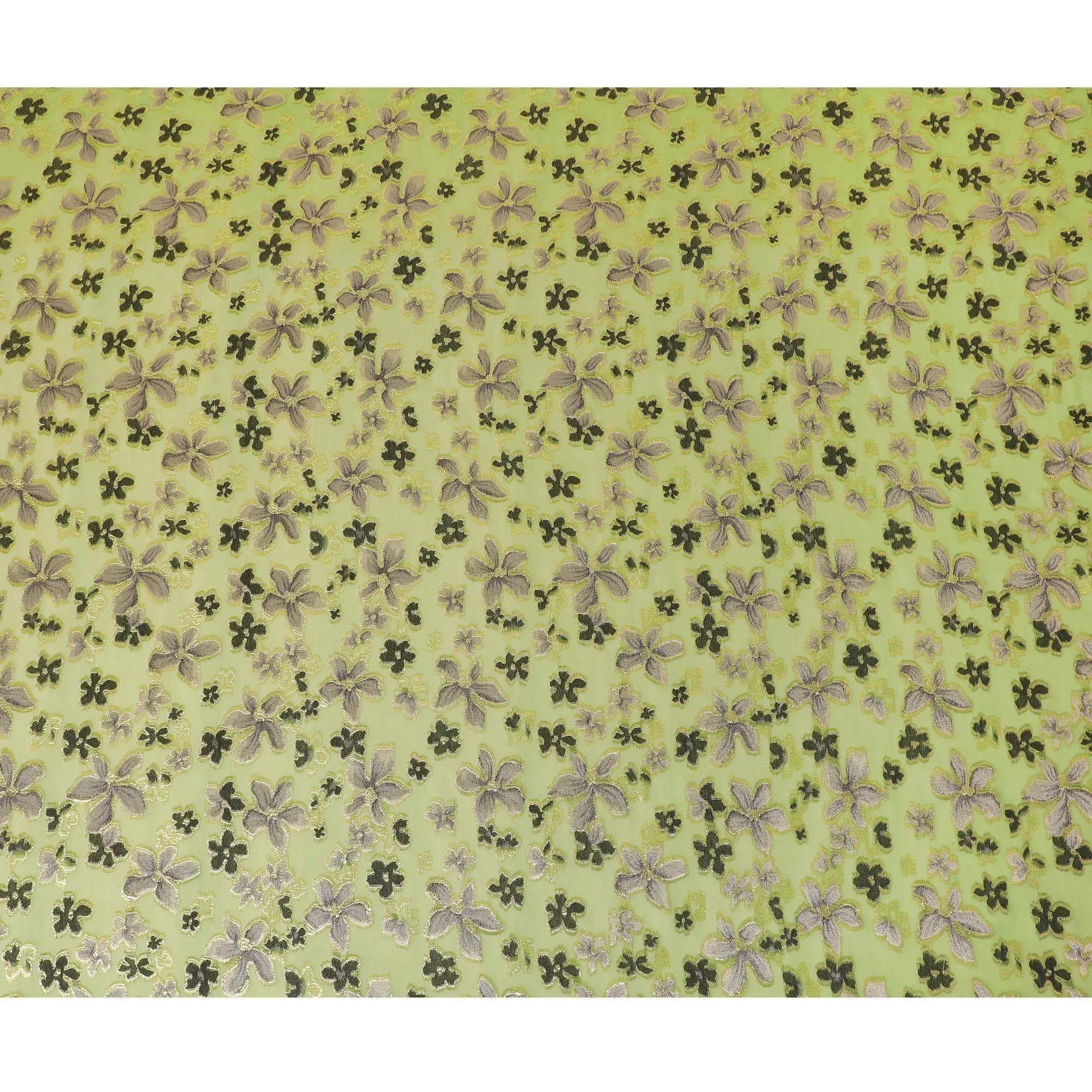 Lime green Premium pure changent silk chiffon fabric with pale brown, black viscose having gold metallic lurex in floral design-D14646