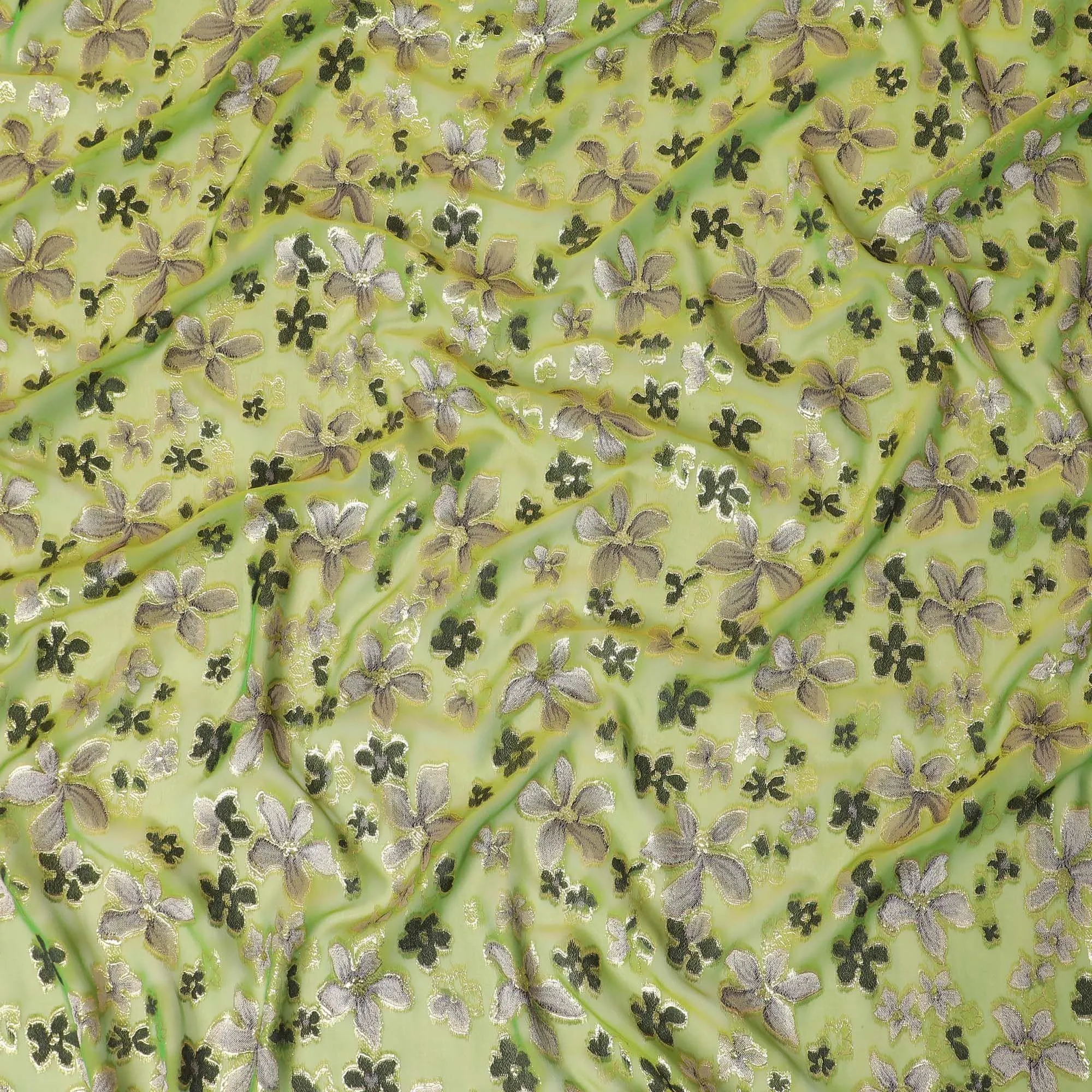 Lime green Premium pure changent silk chiffon fabric with pale brown, black viscose having gold metallic lurex in floral design-D14646