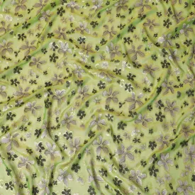 Lime green Premium pure changent silk chiffon fabric with pale brown, black viscose having gold metallic lurex in floral design-D14646