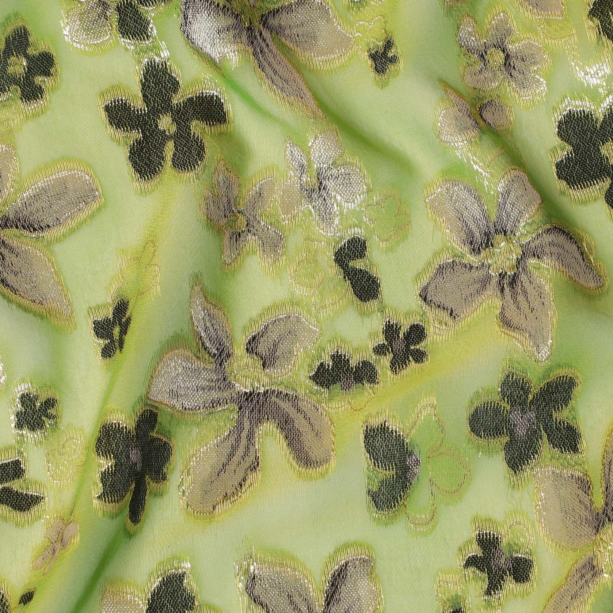 Lime green Premium pure changent silk chiffon fabric with pale brown, black viscose having gold metallic lurex in floral design-D14646