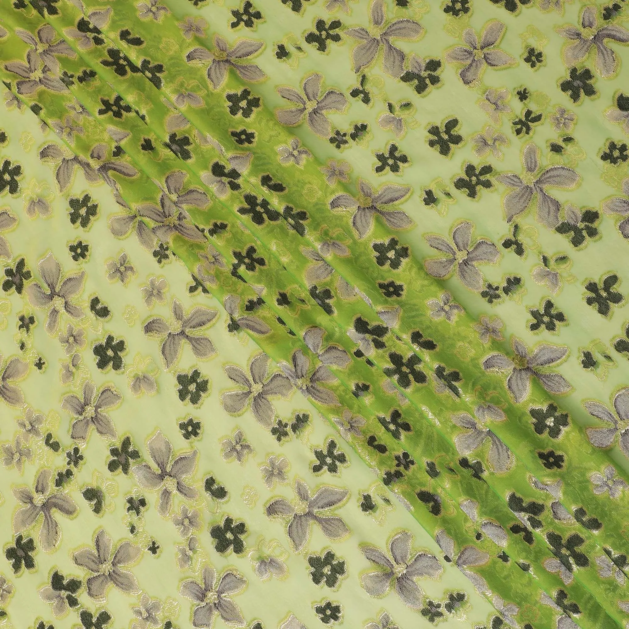 Lime green Premium pure changent silk chiffon fabric with pale brown, black viscose having gold metallic lurex in floral design-D14646