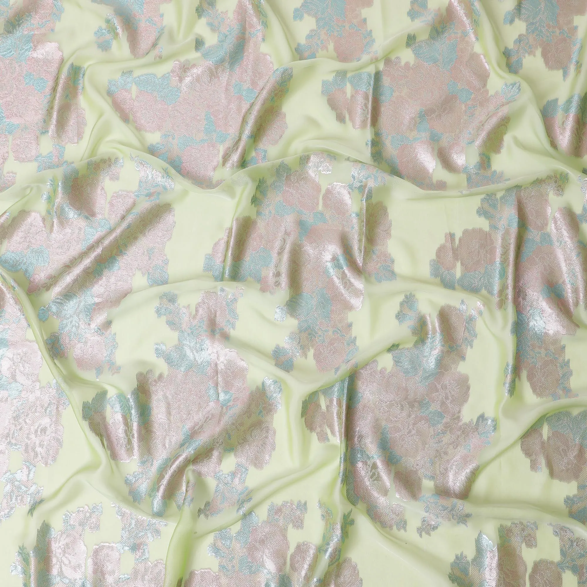 Lime green Premium pure French (Fransawi) silk chiffon garbasaar with baby blue and rose pink metallic lurex in floral design-D11561