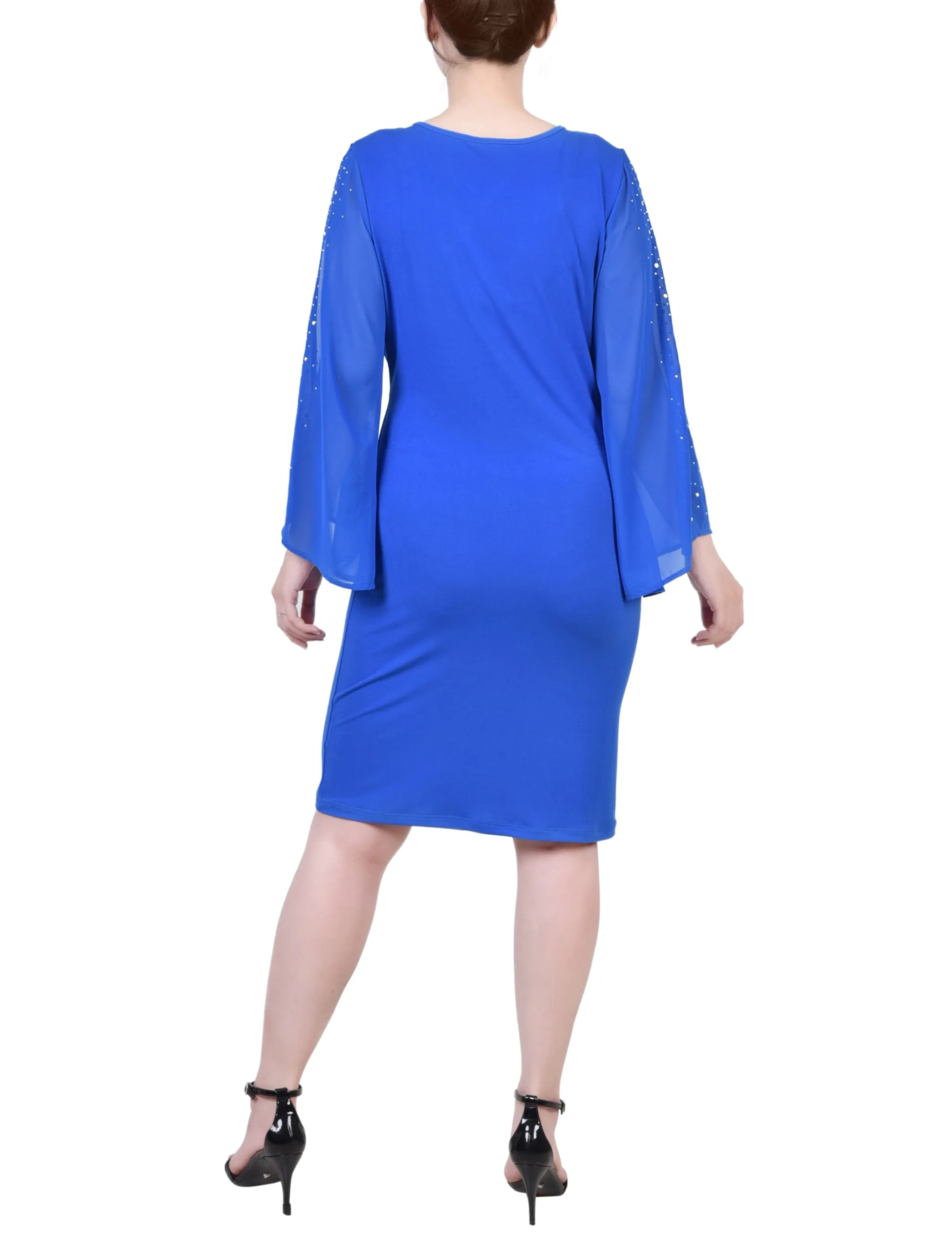 Long Sleeve Surplice Dress With Cold Shoulder Studded Chiffon Sleeve