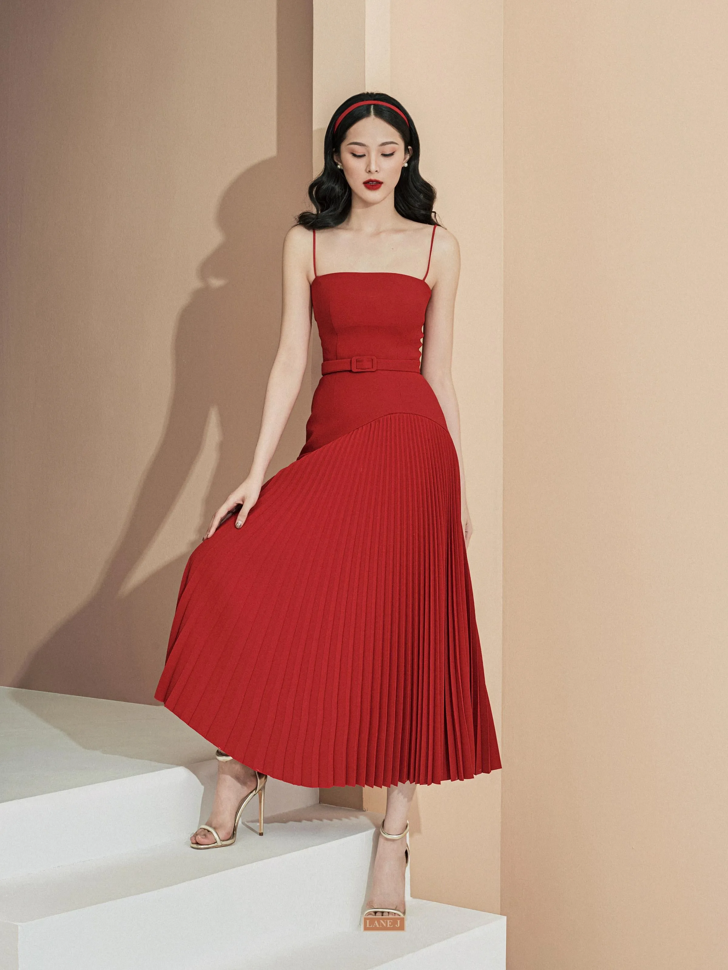 LUXURY ELEGANT SOPHISTICATED  PLEATED PLEATED MIDI DRESS - CELIA