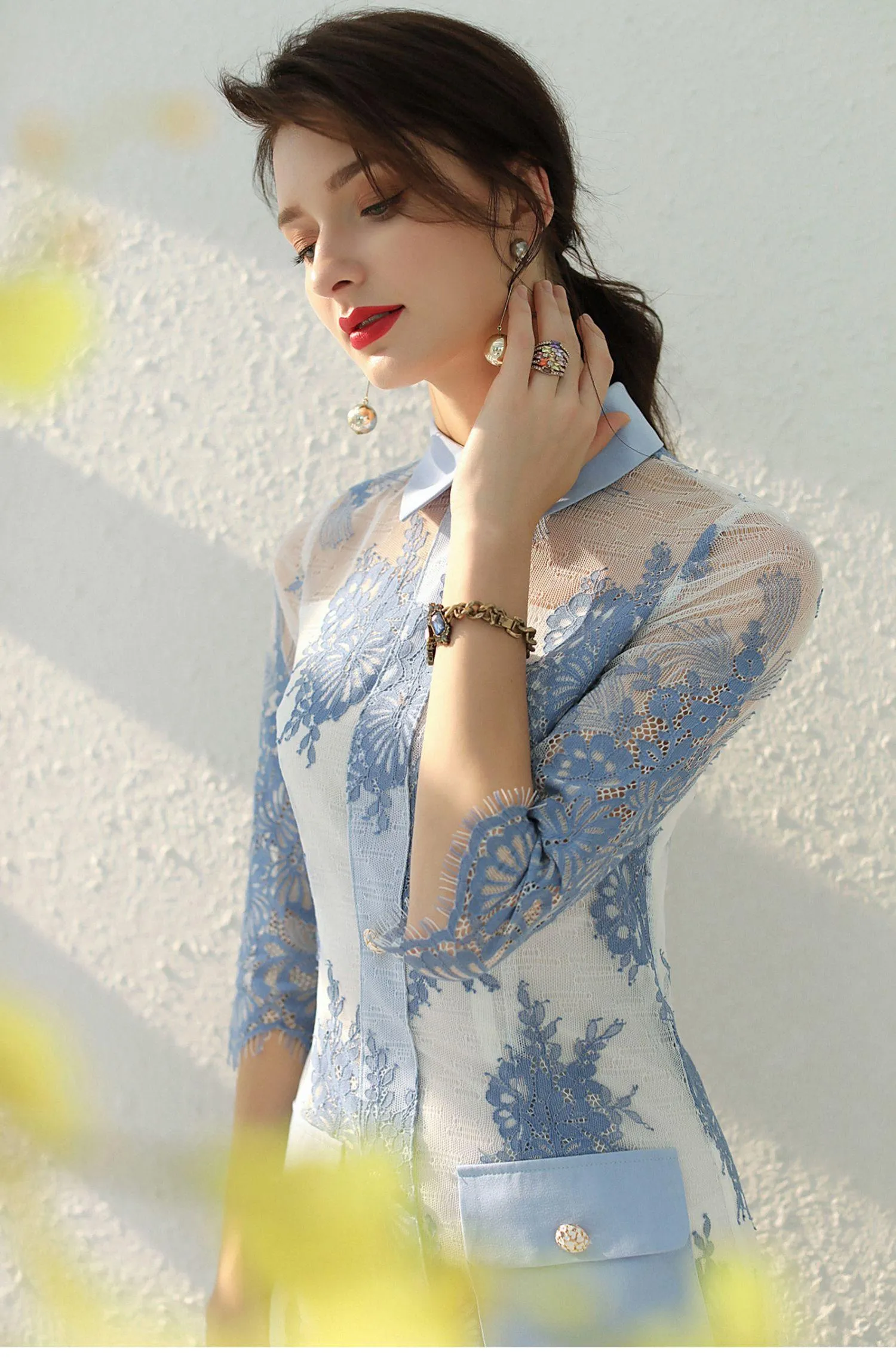 Luxury pleated drop hem royal blue mother of the bride cocktail elegant lapel exquisite high-end long lace dress - Keely