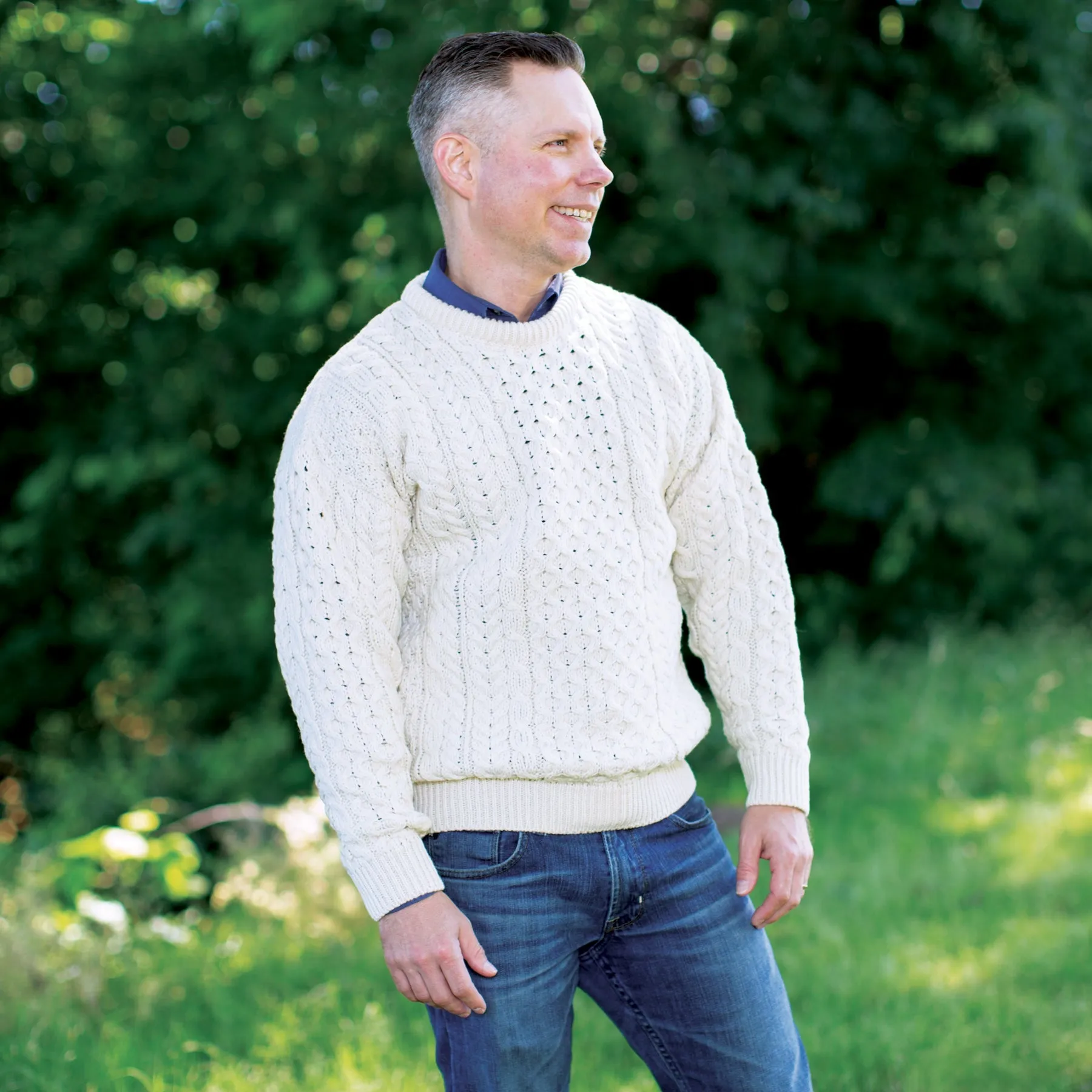 Men's Classic Crew Neck Aran Sweater- Cream