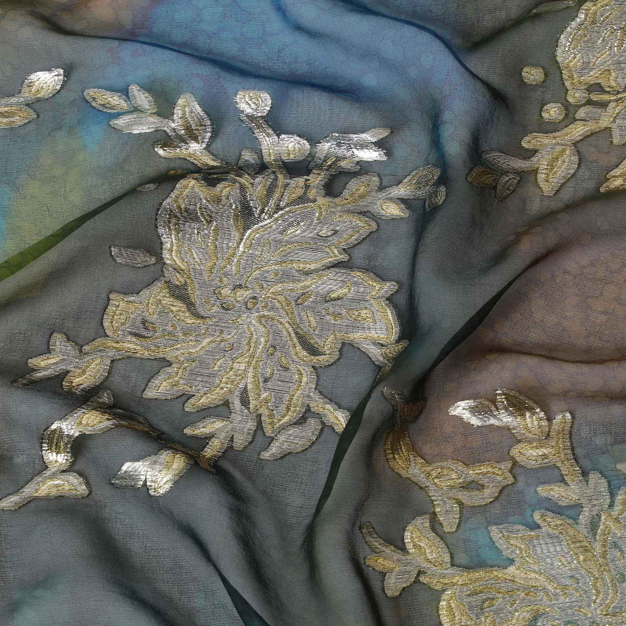 Multicolor premium pure handprinted silk chiffon fabric with gold metallic lurex in fancy design-D10409