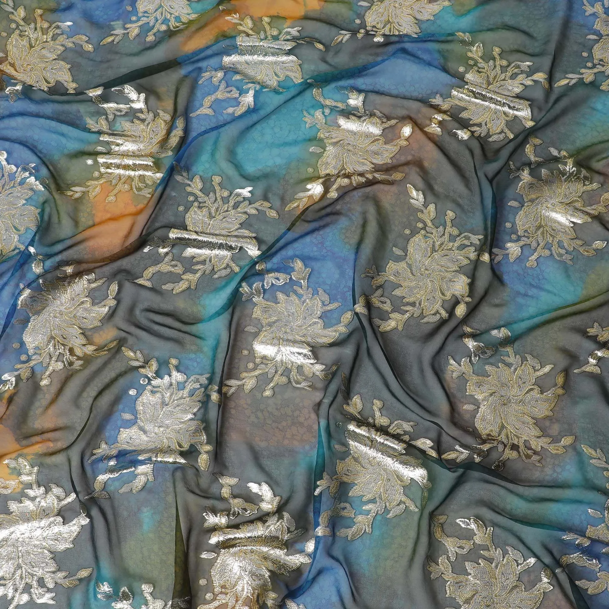 Multicolor premium pure handprinted silk chiffon fabric with gold metallic lurex in fancy design-D10409