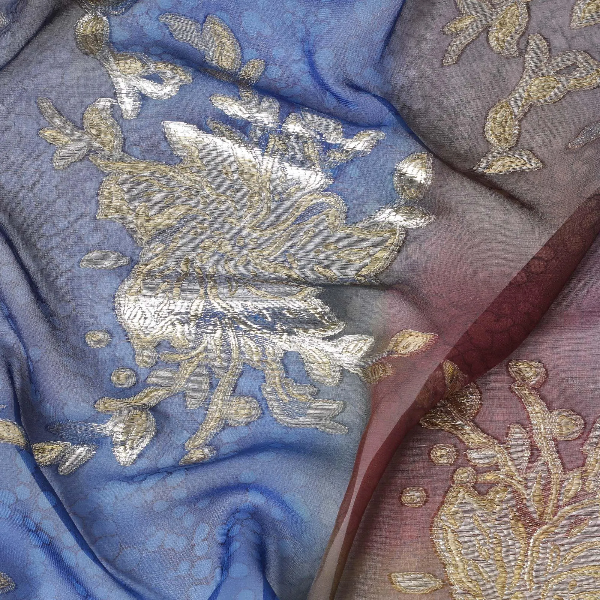 Multicolor premium pure handprinted silk chiffon fabric with gold metallic lurex in fancy design-D10411