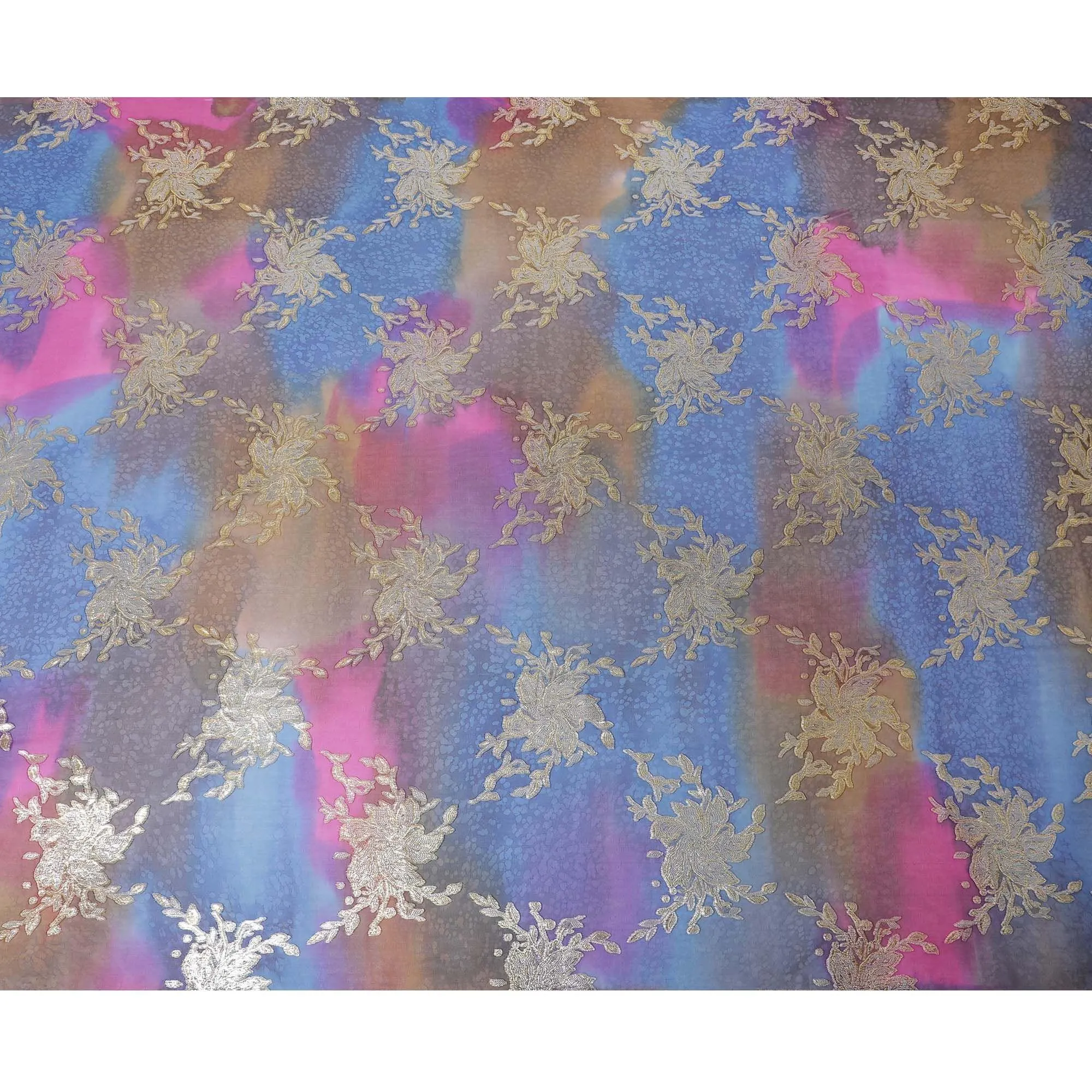 Multicolor premium pure handprinted silk chiffon fabric with gold metallic lurex in fancy design-D10411