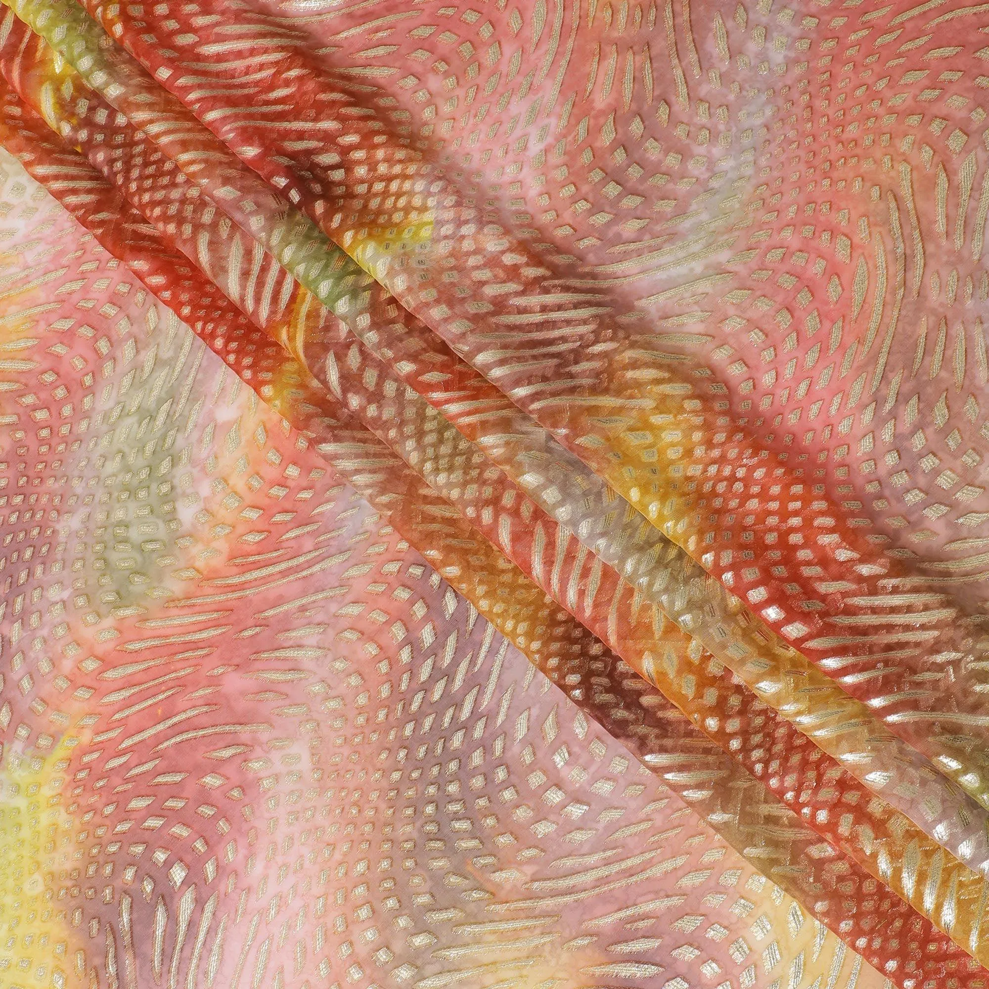 Multicolor Premium pure printed silk chiffon fabric with gold and silver metallic lurex in abstract design-D12428