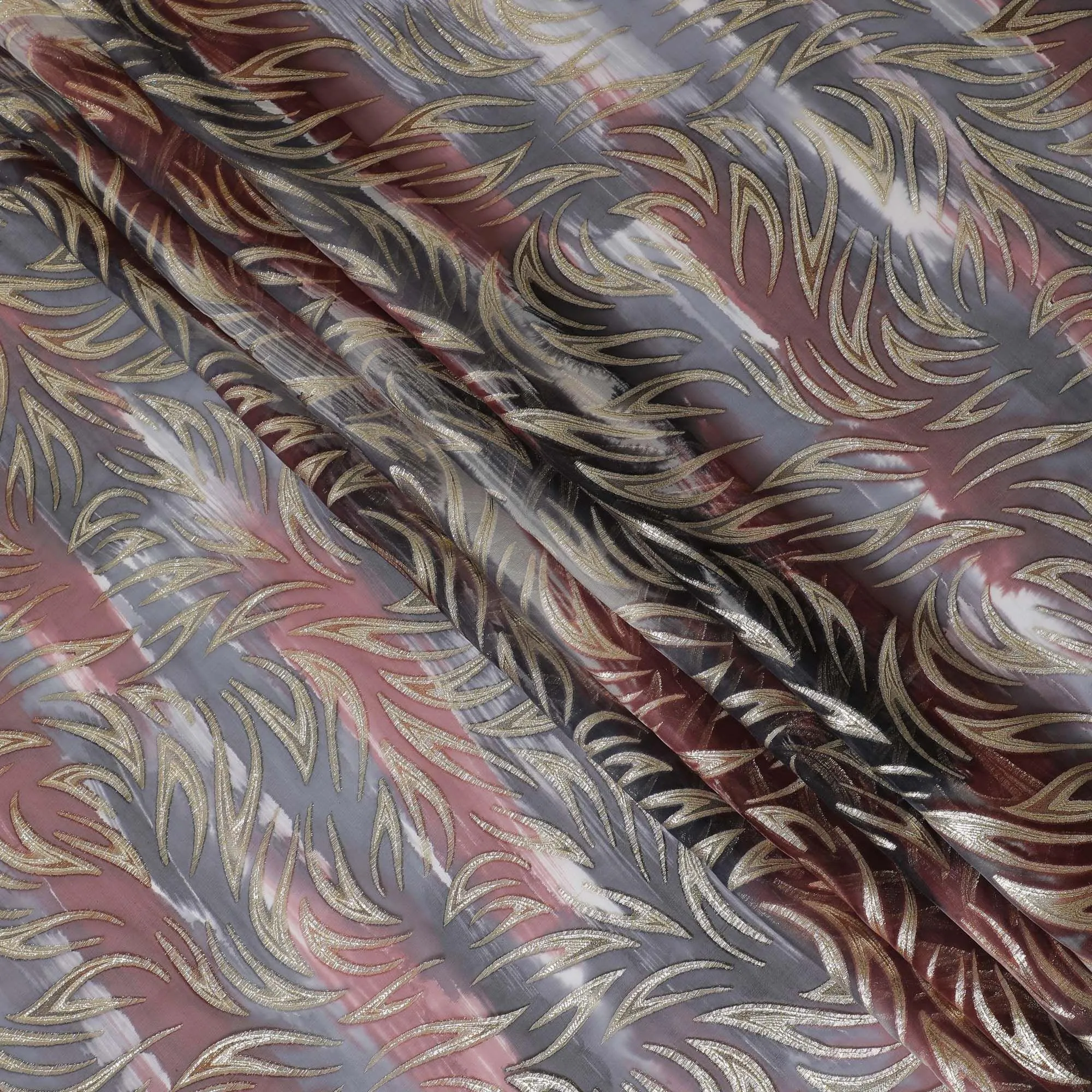 Multicolor premium pure silk chiffon fabric with gold metallic lurex in abstract design-D14075