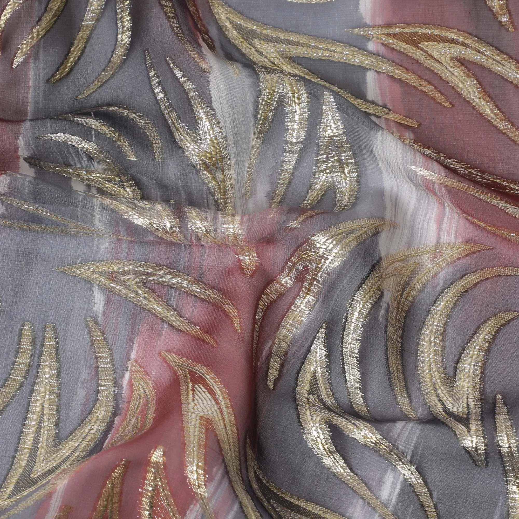 Multicolor premium pure silk chiffon fabric with gold metallic lurex in abstract design-D14075