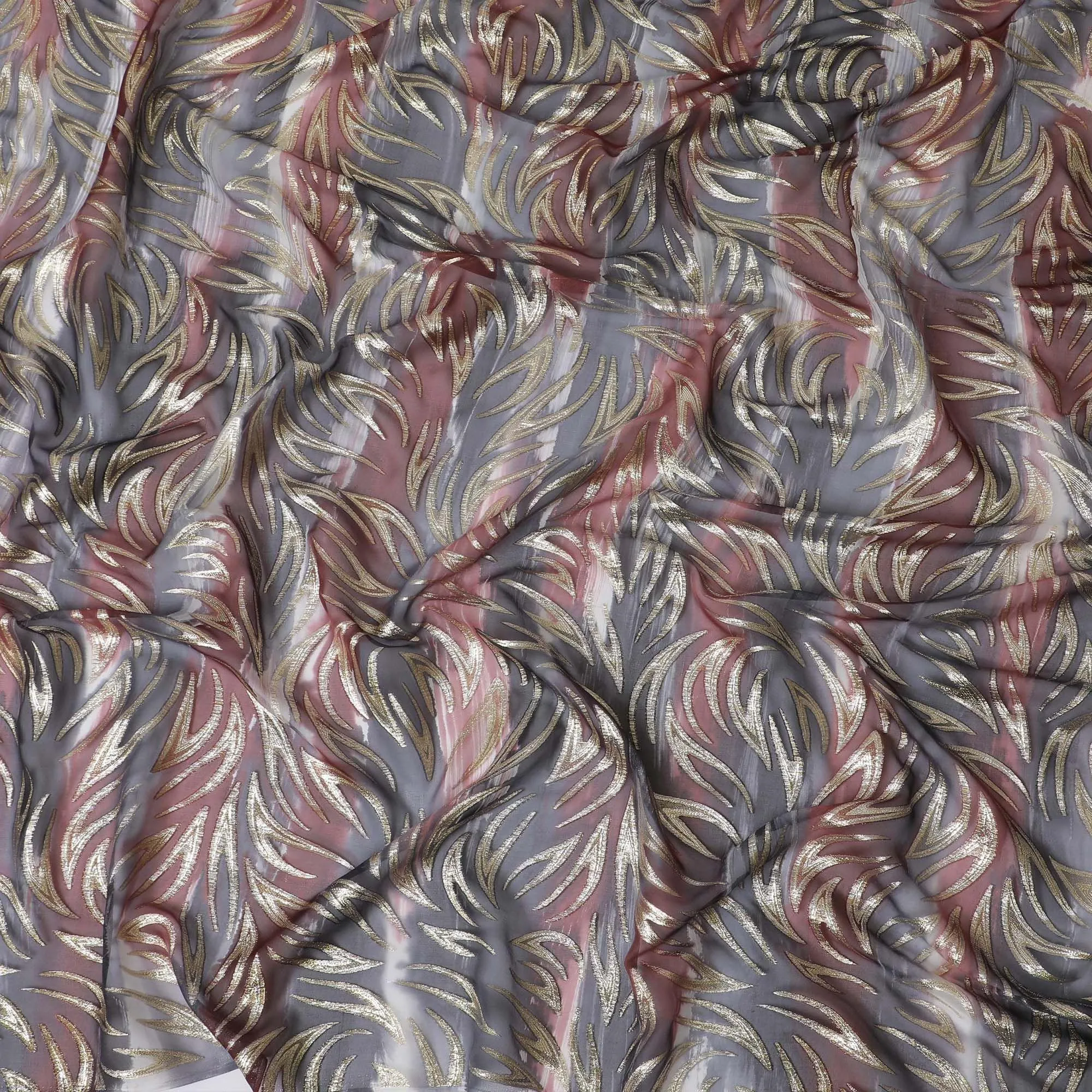 Multicolor premium pure silk chiffon fabric with gold metallic lurex in abstract design-D14075