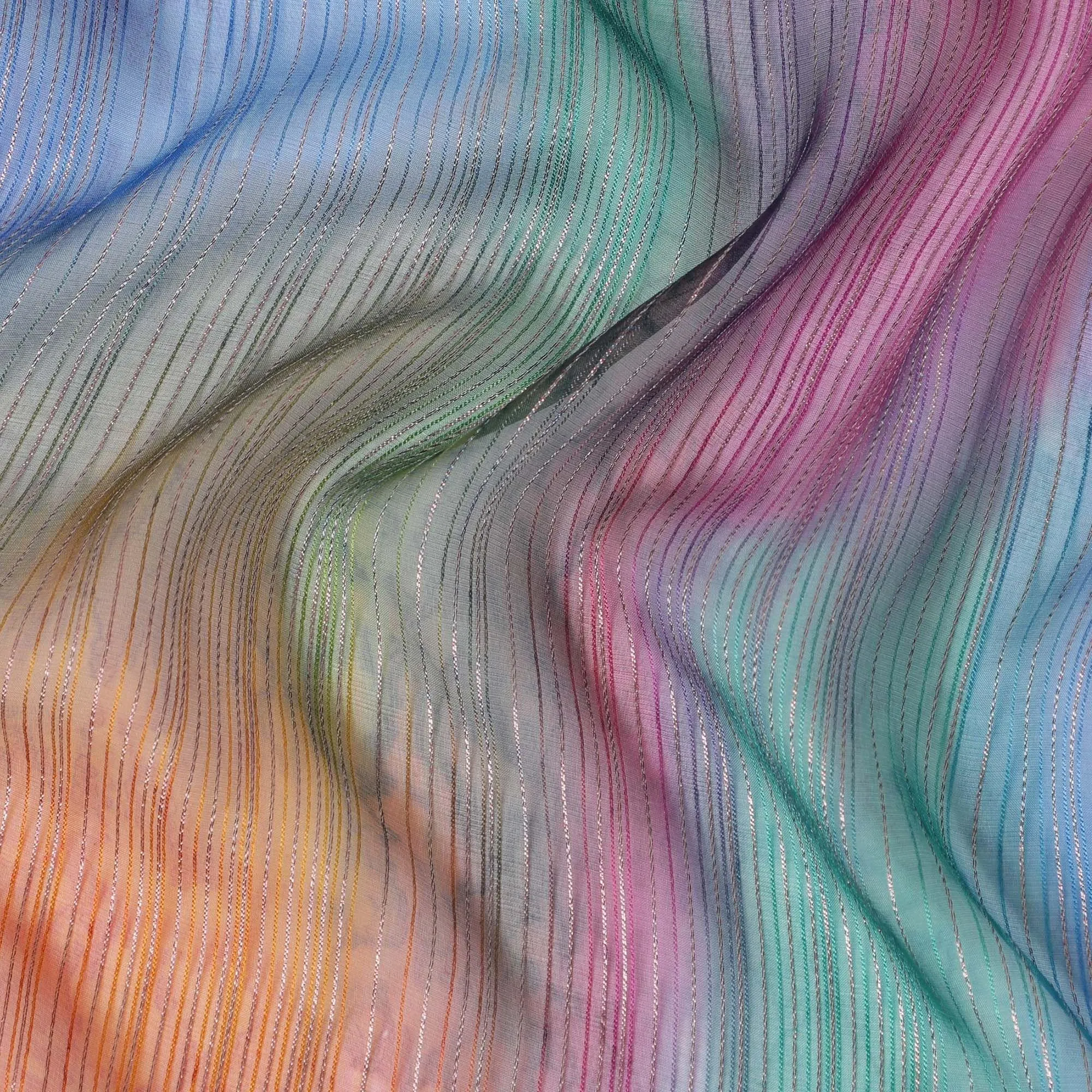 Multicolor Premium pure silk chiffon fabric with gold metallic lurex in stripe design-D12616