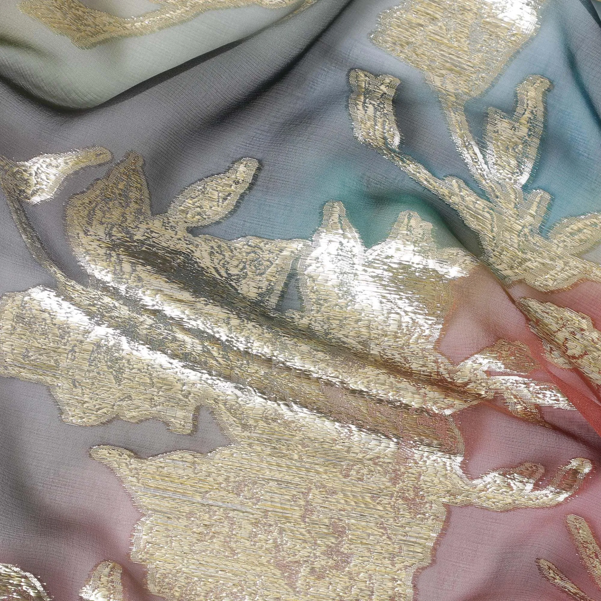 Multicolor Premium pure silk chiffon with gold metallic lurex in floral design-D11379