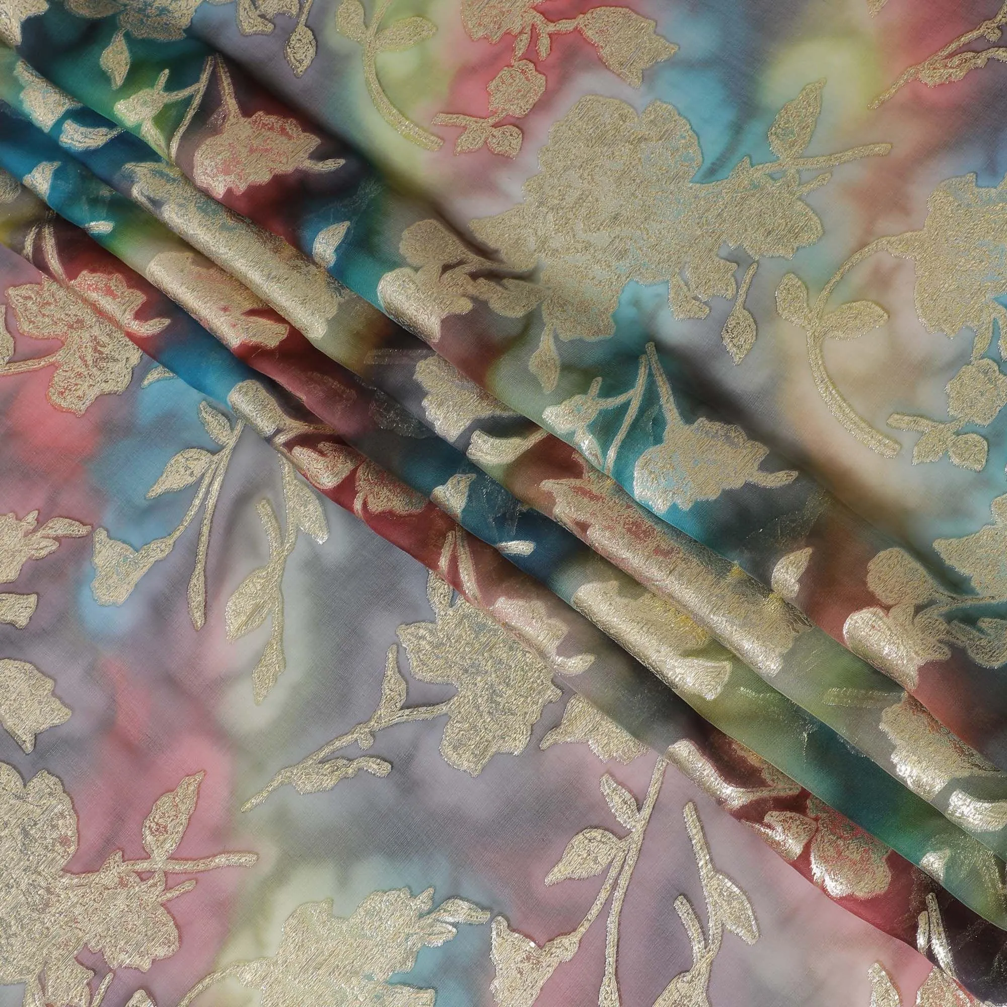 Multicolor Premium pure silk chiffon with gold metallic lurex in floral design-D11379