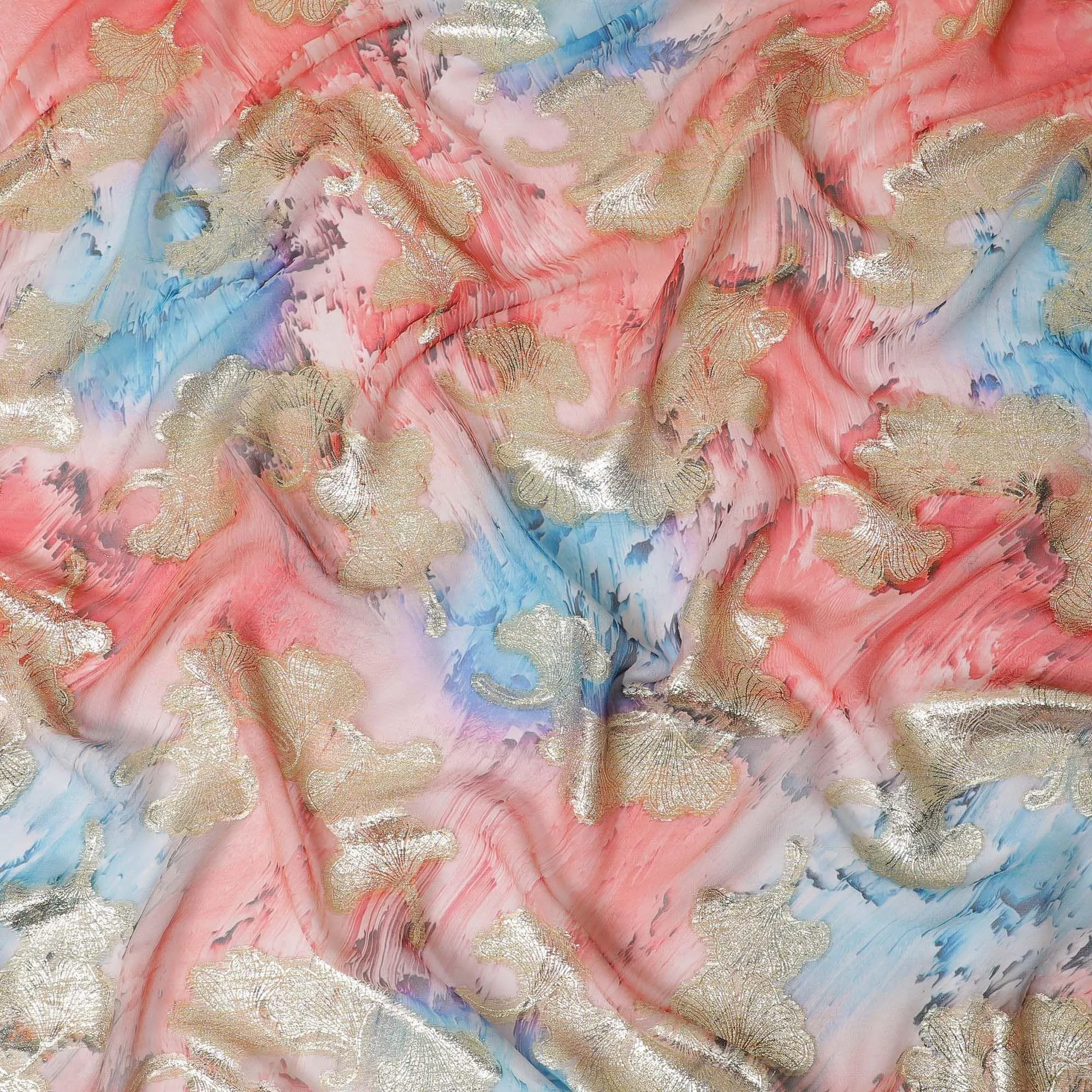 Multicolor synthetic chiffon fabric with gold metallic lurex in fancy design-D12606