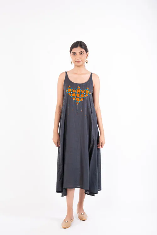 Naman Charcoal Soof Hand Embroidered Midi Dress