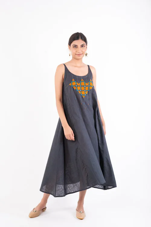 Naman Charcoal Soof Hand Embroidered Midi Dress