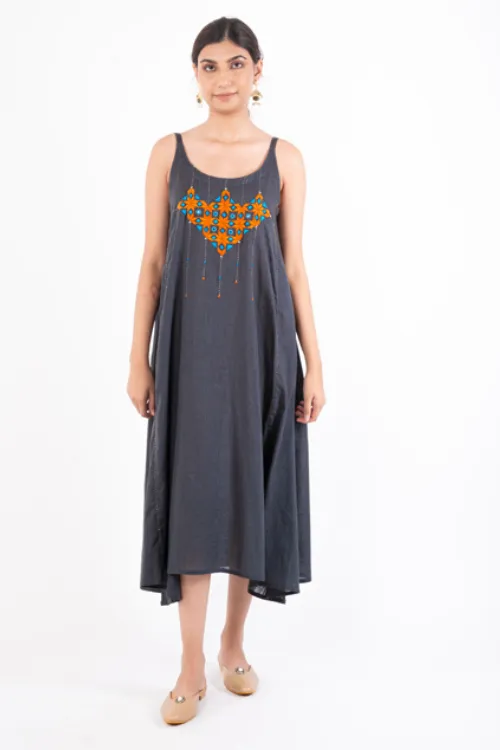 Naman Charcoal Soof Hand Embroidered Midi Dress