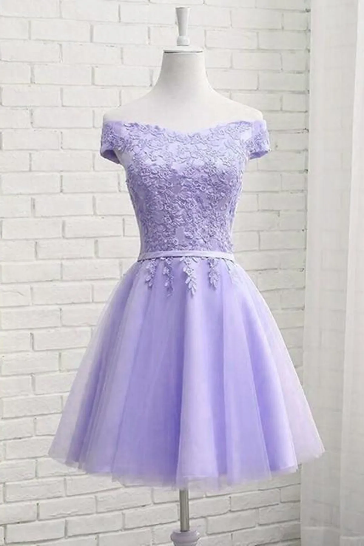 Off Shoulder Purple Lace Short Prom Dress, Lilac Lace Homecoming Dress, Short Purple Formal Evening Dress A1661