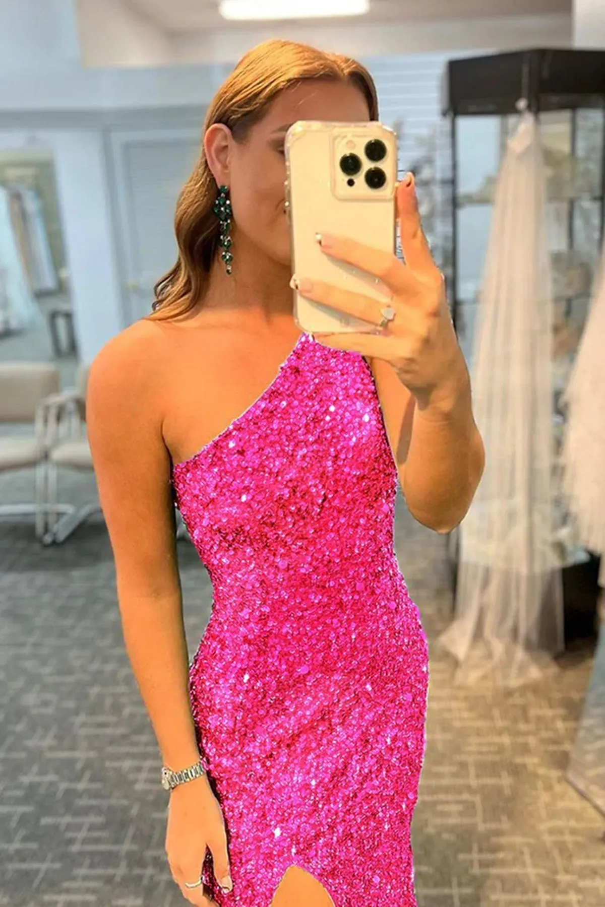 One Shoulder Open Back Mermaid Hot Pink Sequins Long Prom Dresses with High Slit, Mermaid Hot Pink Formal Graduation Evening Dresses