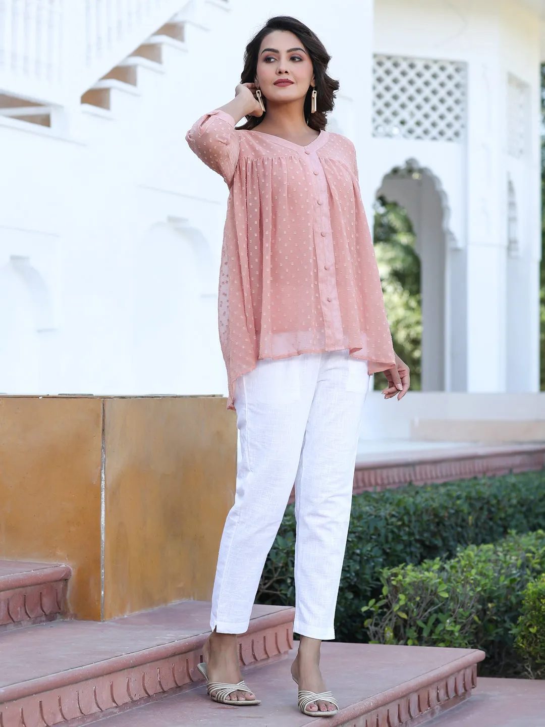 Peach Chiffon Dobby Gathered Top With Flared Hemline