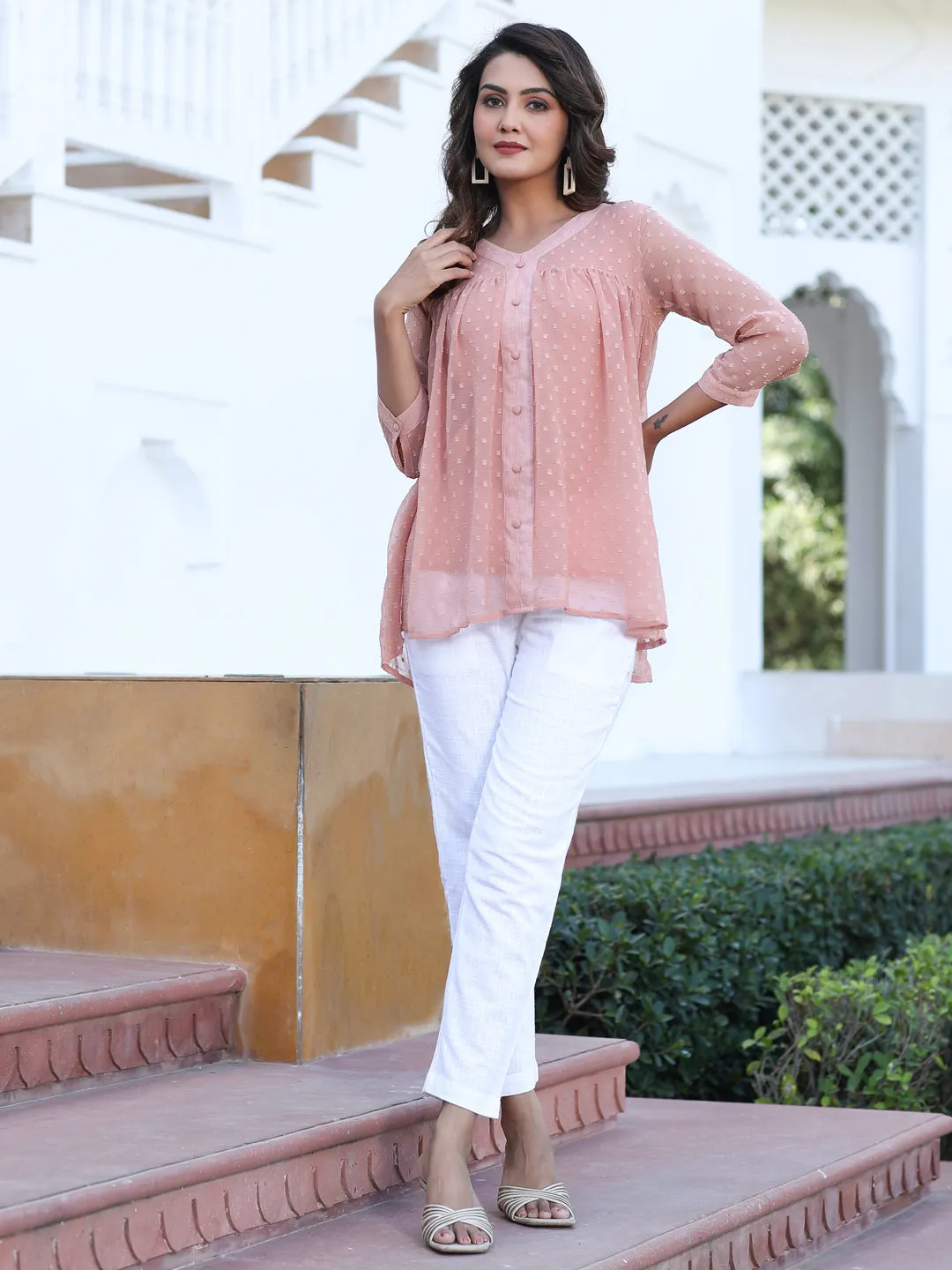 Peach Chiffon Dobby Gathered Top With Flared Hemline