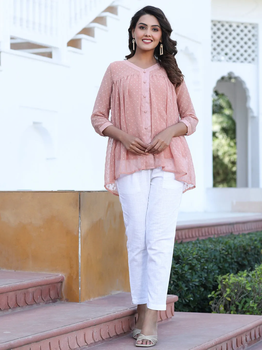 Peach Chiffon Dobby Gathered Top With Flared Hemline